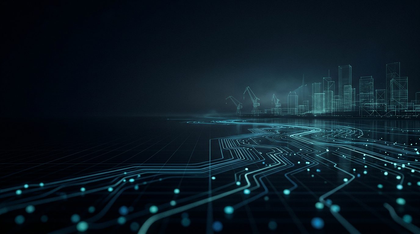 Glowing circuit lines flowing across dark water toward a wireframe harbor skyline at night